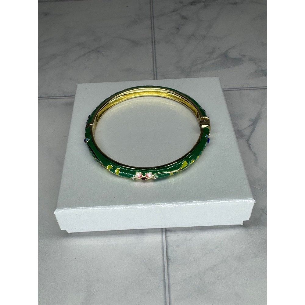 DianaCo Green Enamel Floral Hinge Bangle Bracelet Gold Tone Rhinestone New